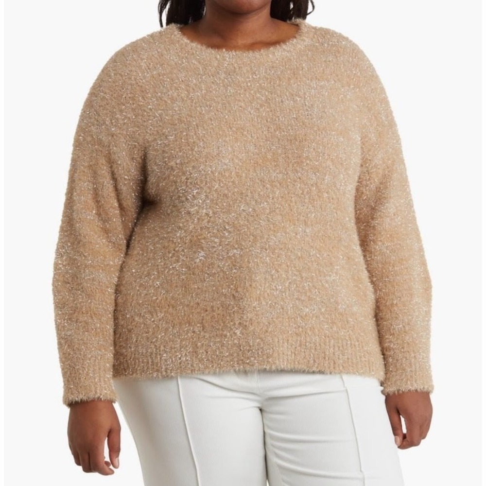 T Tahari Sweater Woman 2X Tan NEW Metallic Fuzzy Eyelash Knit Crewneck Pullover